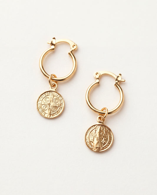 18KT Gold Filled Earrings, Gold Filled Saint Benedict Charm Hoop Earrings | Catholic Protection Jewelry by HAUS OF MONOGRAM