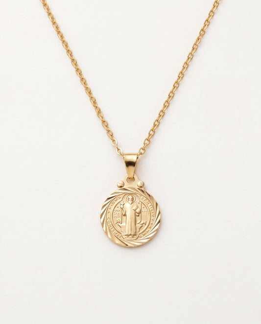18KT Gold Filled Necklaces, Gold Filled Saint Benedict Necklace | Beveled Medal | 16–20" by HAUS OF MONOGRAM