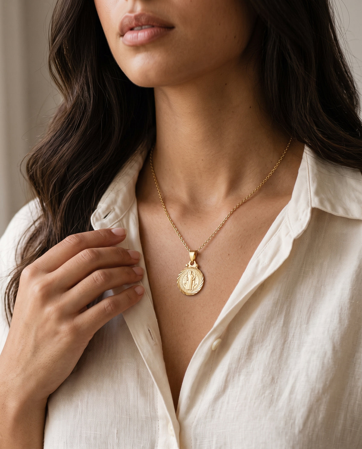 Gold Filled Saint Benedict Necklace worn by a model