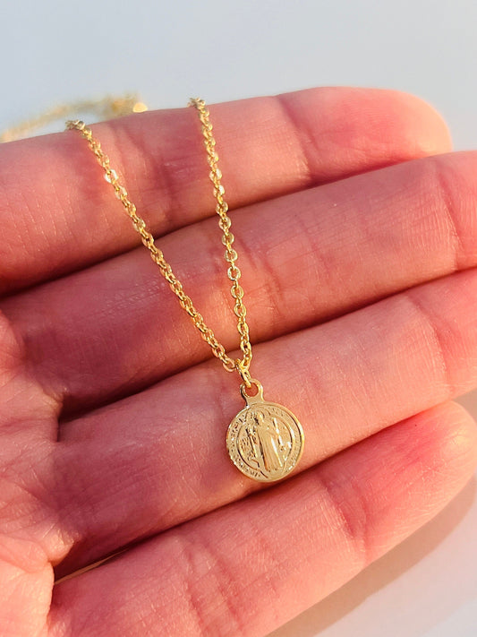 18KT Gold Filled Necklaces, Gold Filled Saint Benedict Necklace | Dainty 18kt Medal Charm by HAUS OF MONOGRAM
