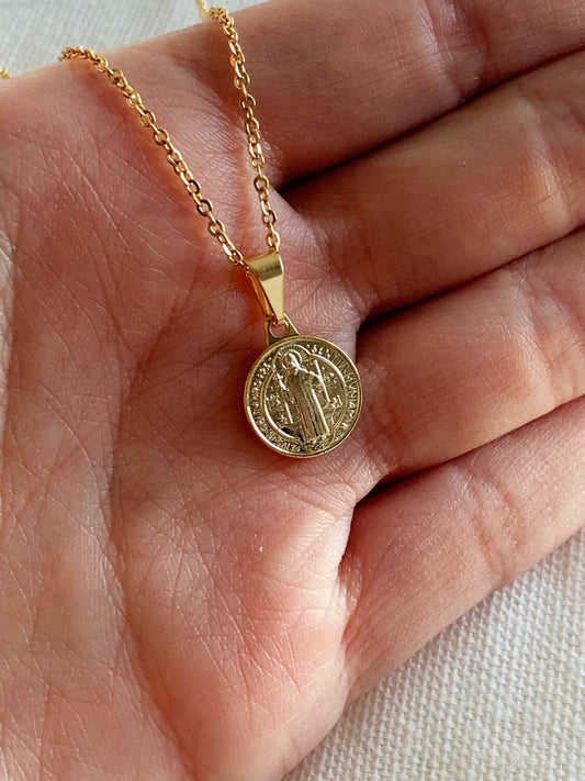 18KT Gold Filled Necklaces, Gold Filled Saint Benedict Necklace | Mini 12mm Devotional Medal by HAUS OF MONOGRAM