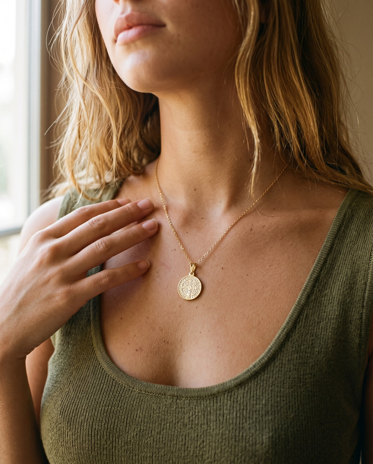 Gold Filled Saint Benedict Necklace worn by a model