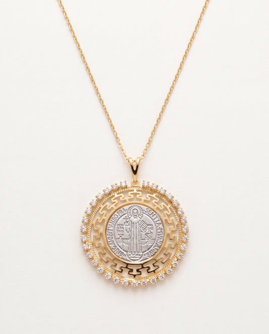 18KT Gold Filled Necklaces, Gold Filled Saint Benedict Necklace | Two Tone CZ Pendant by HAUS OF MONOGRAM