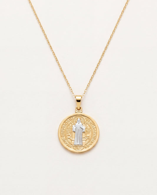 18KT Gold Filled Necklaces, Gold Filled Saint Benedict Necklace | Two Tone Faith Medal by HAUS OF MONOGRAM