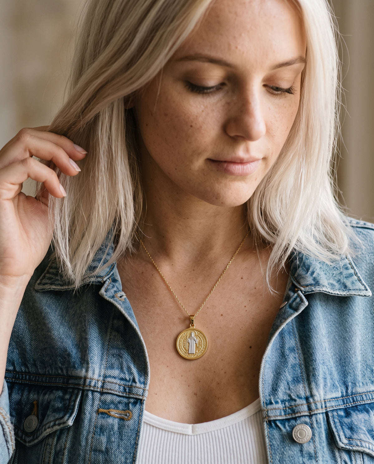 Gold Filled Saint Benedict Necklace worn by a model