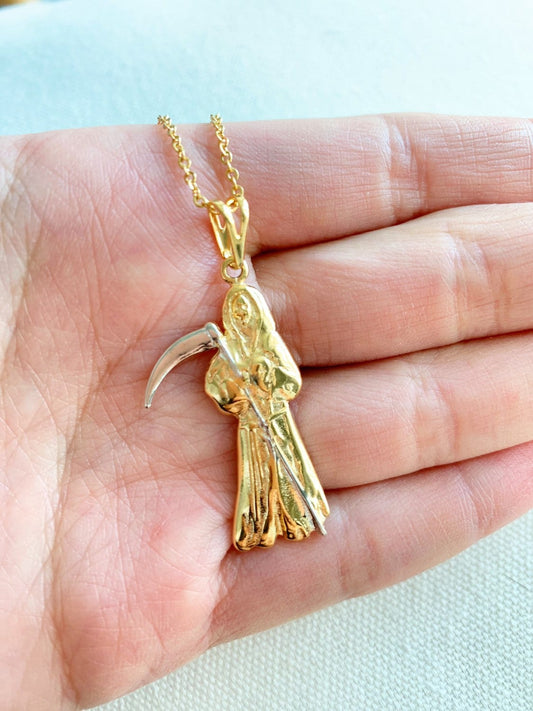Gold Filled Santa Muerte Necklace | Bold Spiritual Medal Pendant by HAUS OF MONOGRAM - Necklaces, 16",
