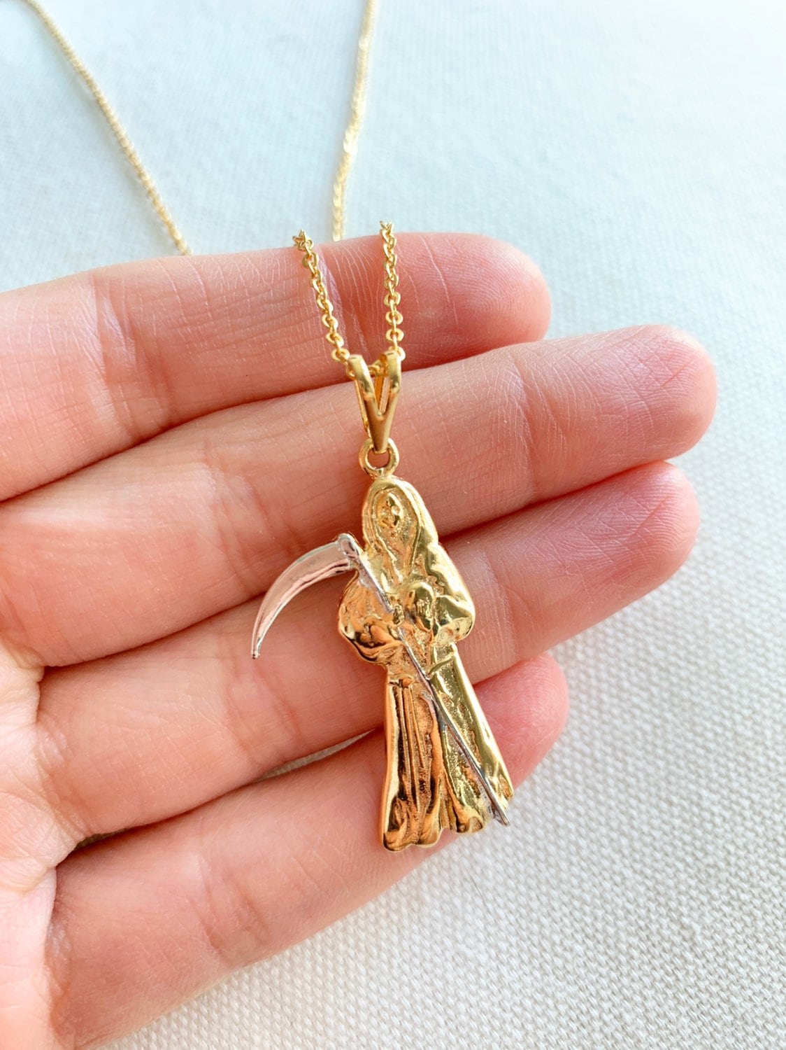 Gold Filled Santa Muerte Necklace | Bold Spiritual Medal Pendant by HAUS OF MONOGRAM - Necklaces, 16",