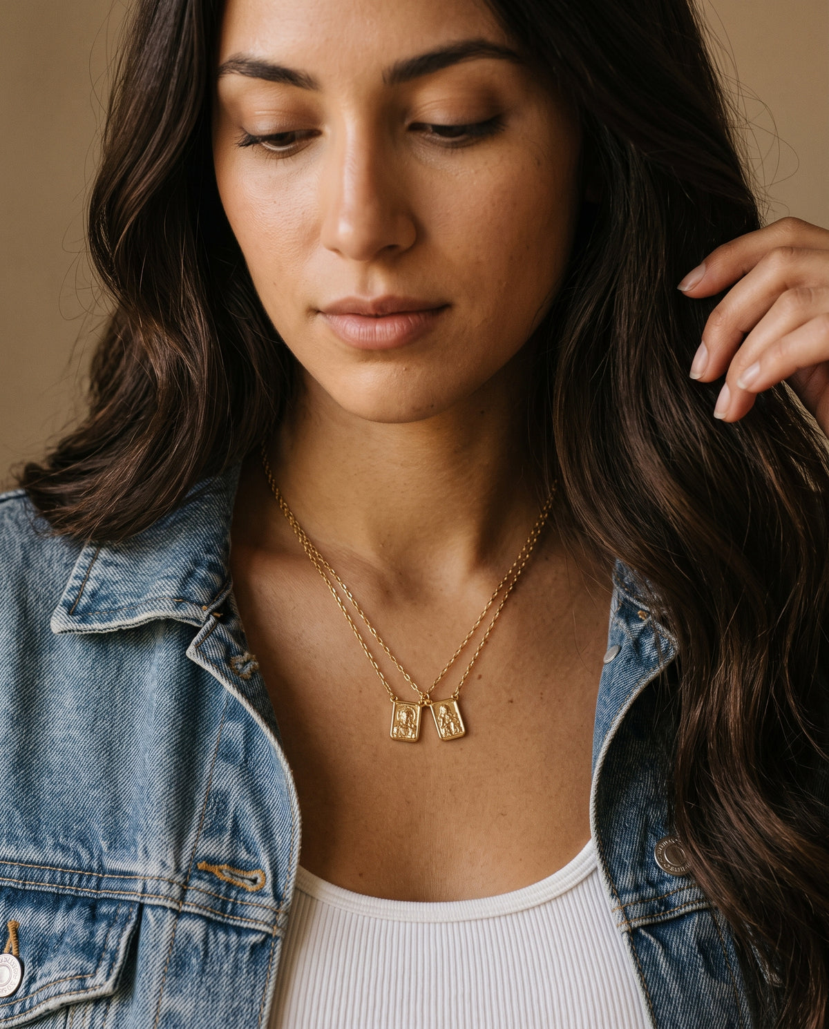 Gold Filled Scapulary Necklace worn by a model