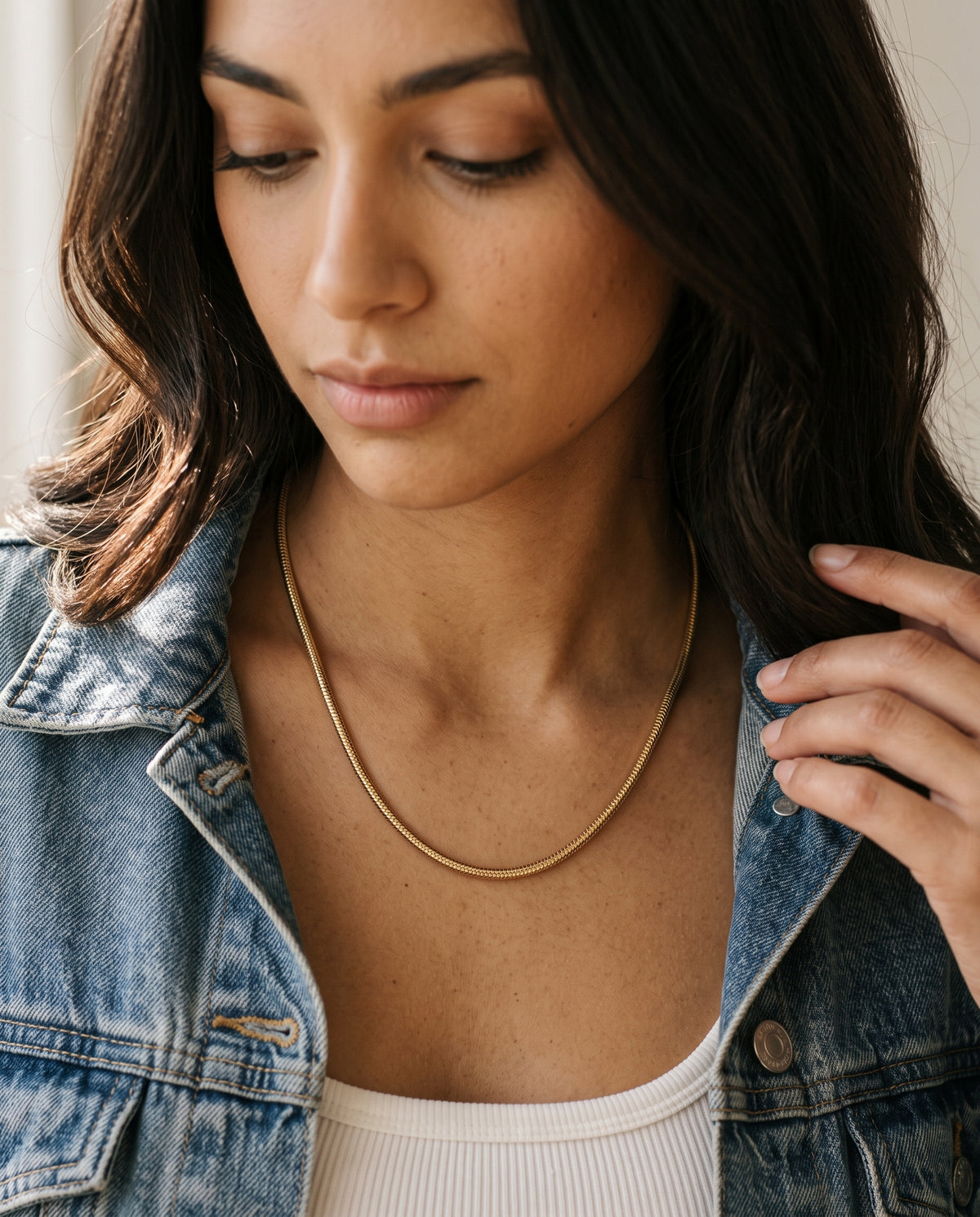 Gold Filled Snake Chain Necklace worn by a model