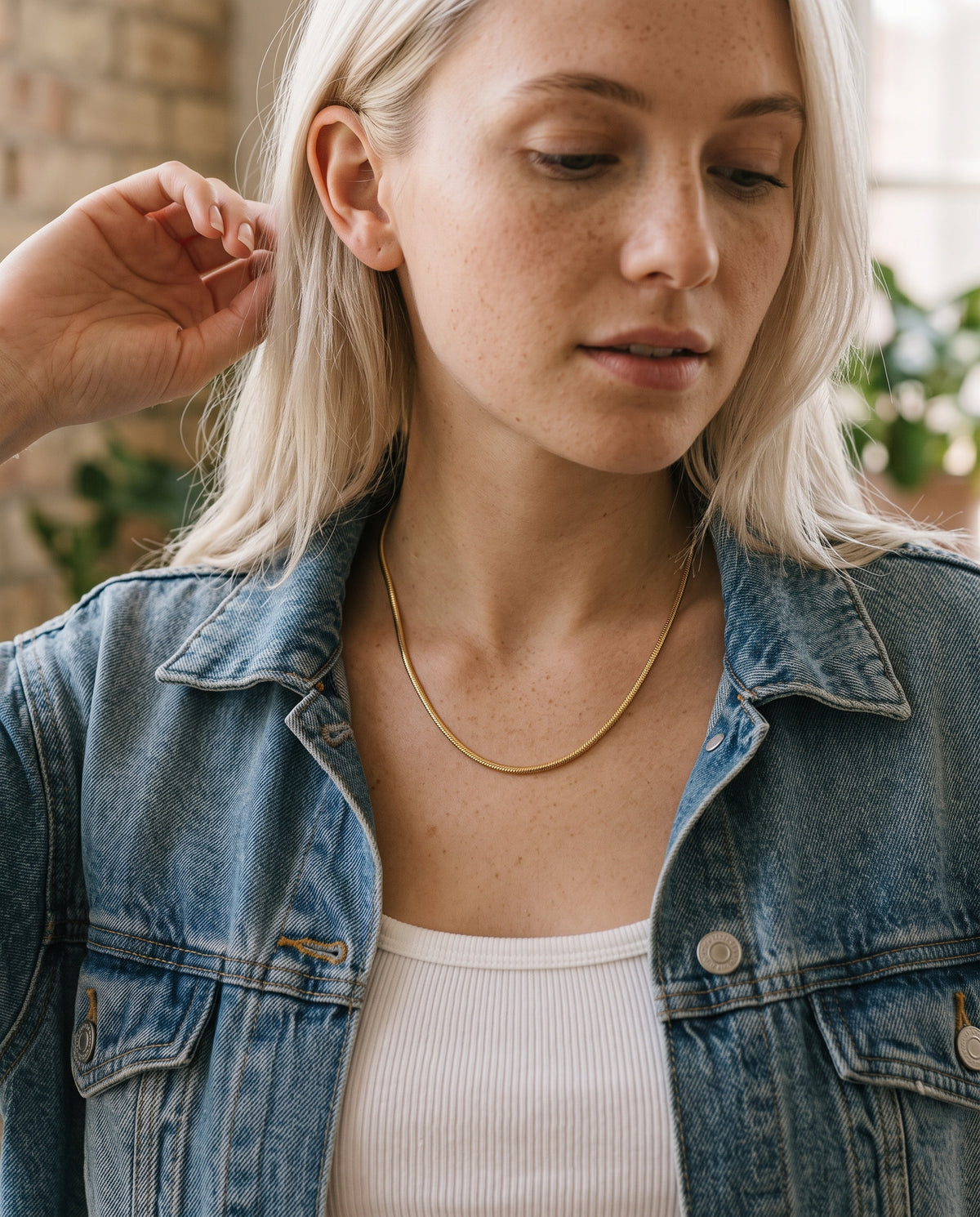Gold Filled Snake Chain Necklace worn by a model