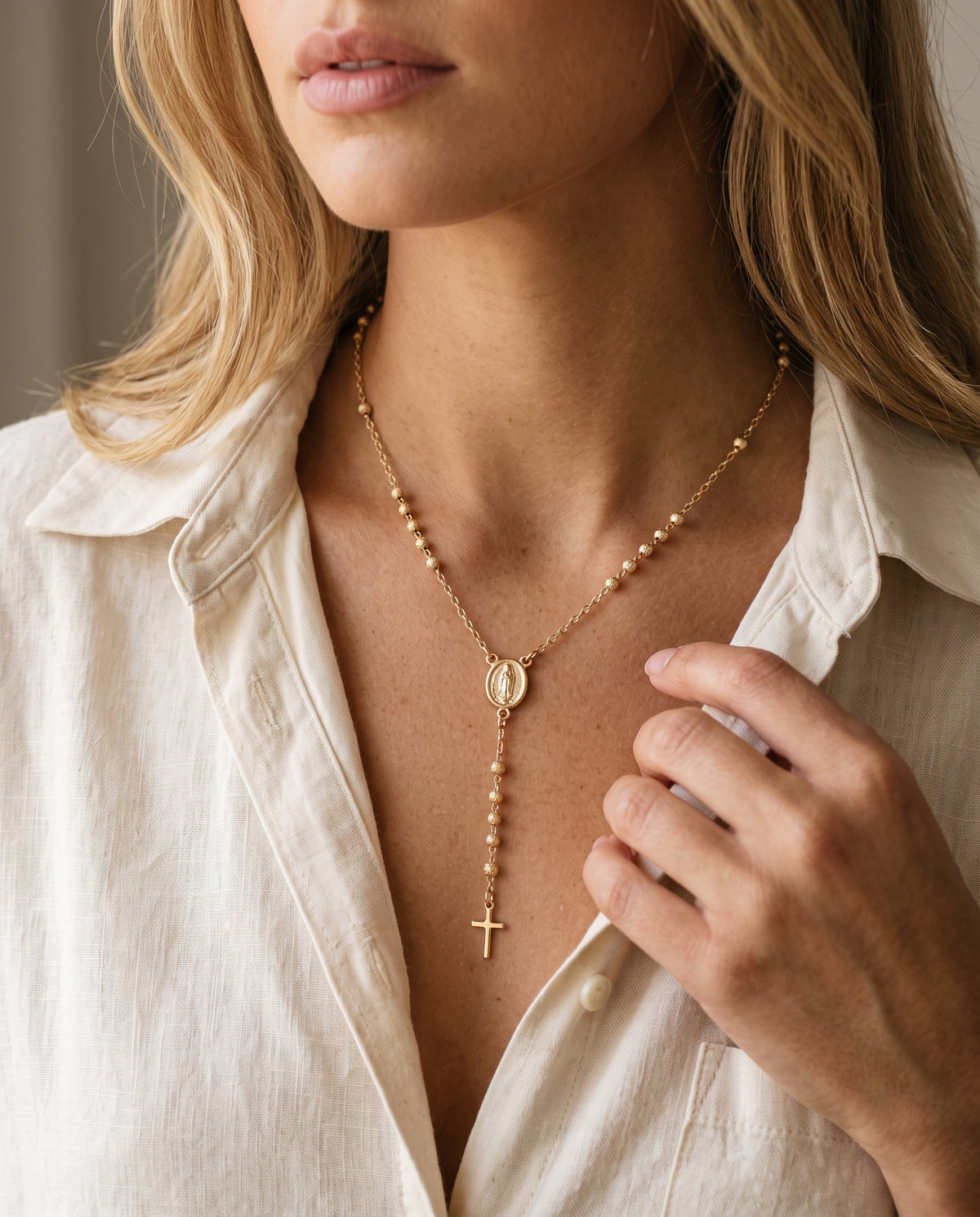 Gold Filled Stardust Rosary Necklace worn by a model