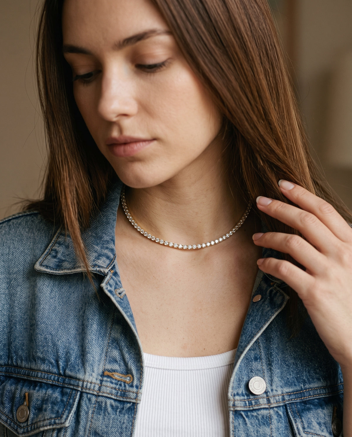 Gold Filled CZ Tennis Choker| Layering Necklace worn by a model