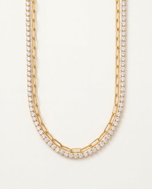 18KT Gold Filled Necklaces, Gold Filled Tennis & Paperclip Layered Necklace | Effortless Stacked Elegance by HAUS OF MONOGRAM