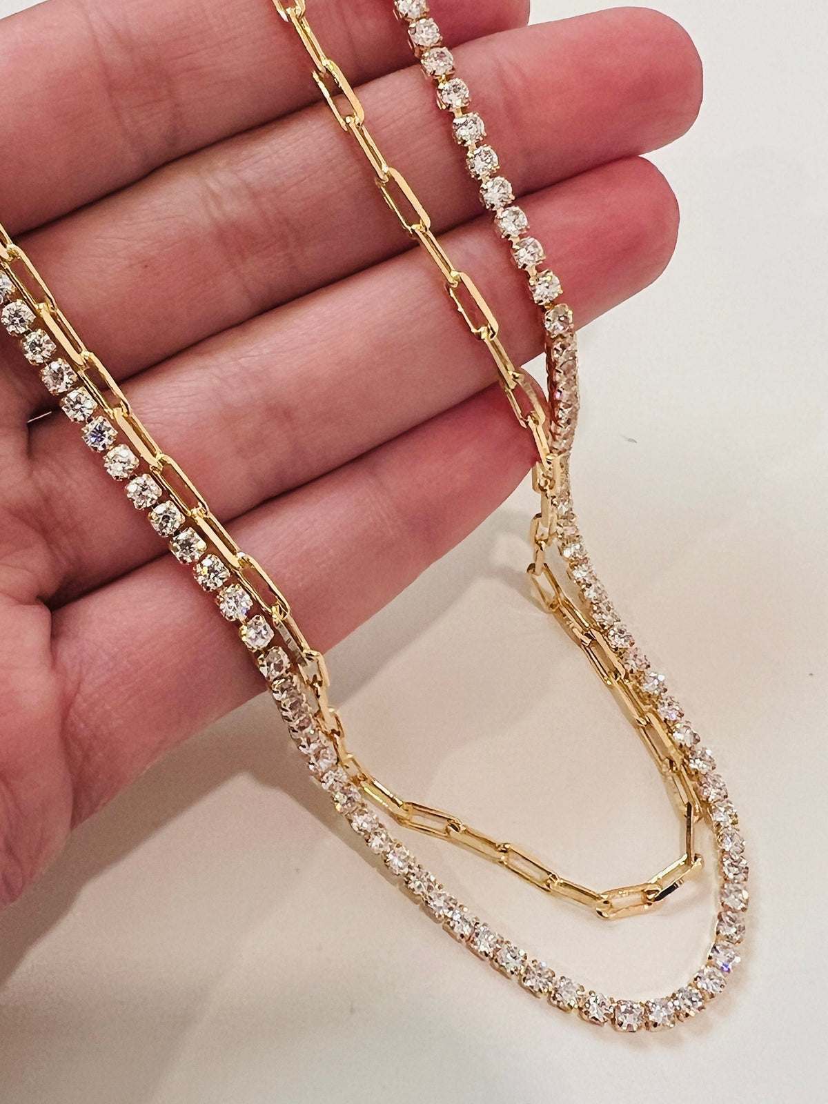 18KT Gold Filled Necklaces, Gold Filled Tennis & Paperclip Layered Necklace | Effortless Stacked Elegance by HAUS OF MONOGRAM