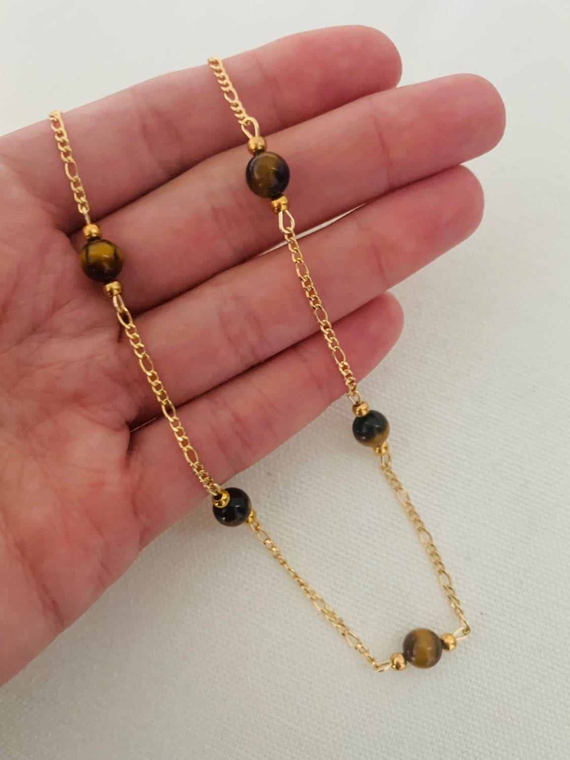 18KT Gold Filled Necklaces, Gold Filled Tiger Eye Figaro Necklace | 6mm Natural Stone Beads by HAUS OF MONOGRAM