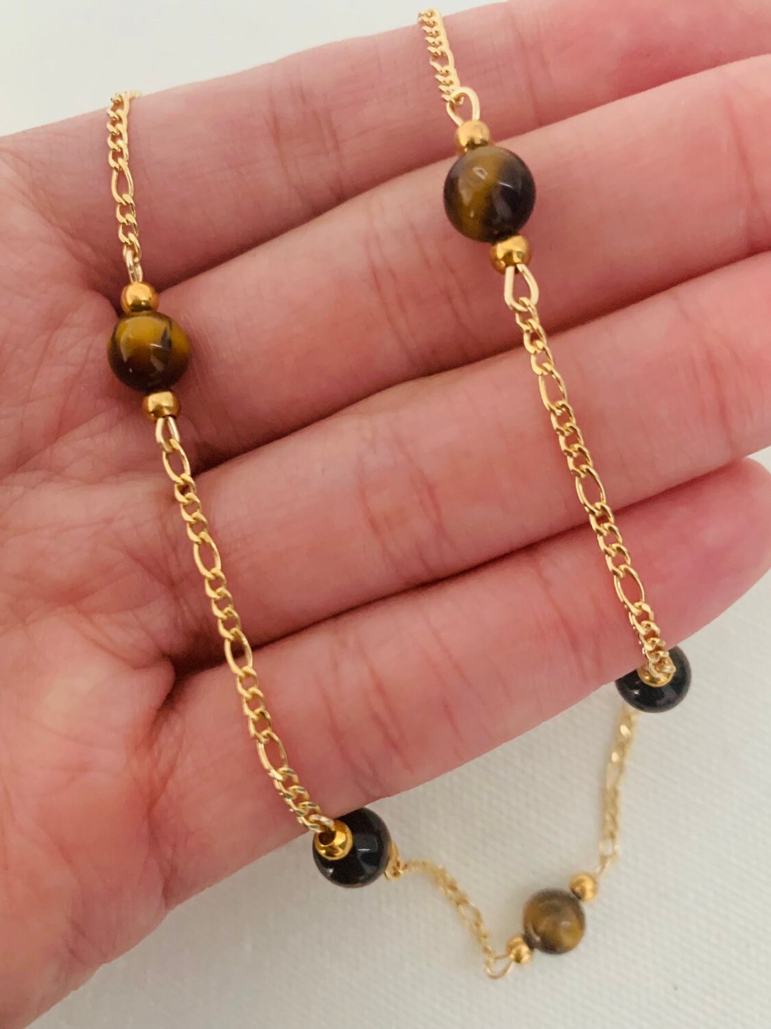 18KT Gold Filled Necklaces, Gold Filled Tiger Eye Figaro Necklace | 6mm Natural Stone Beads by HAUS OF MONOGRAM
