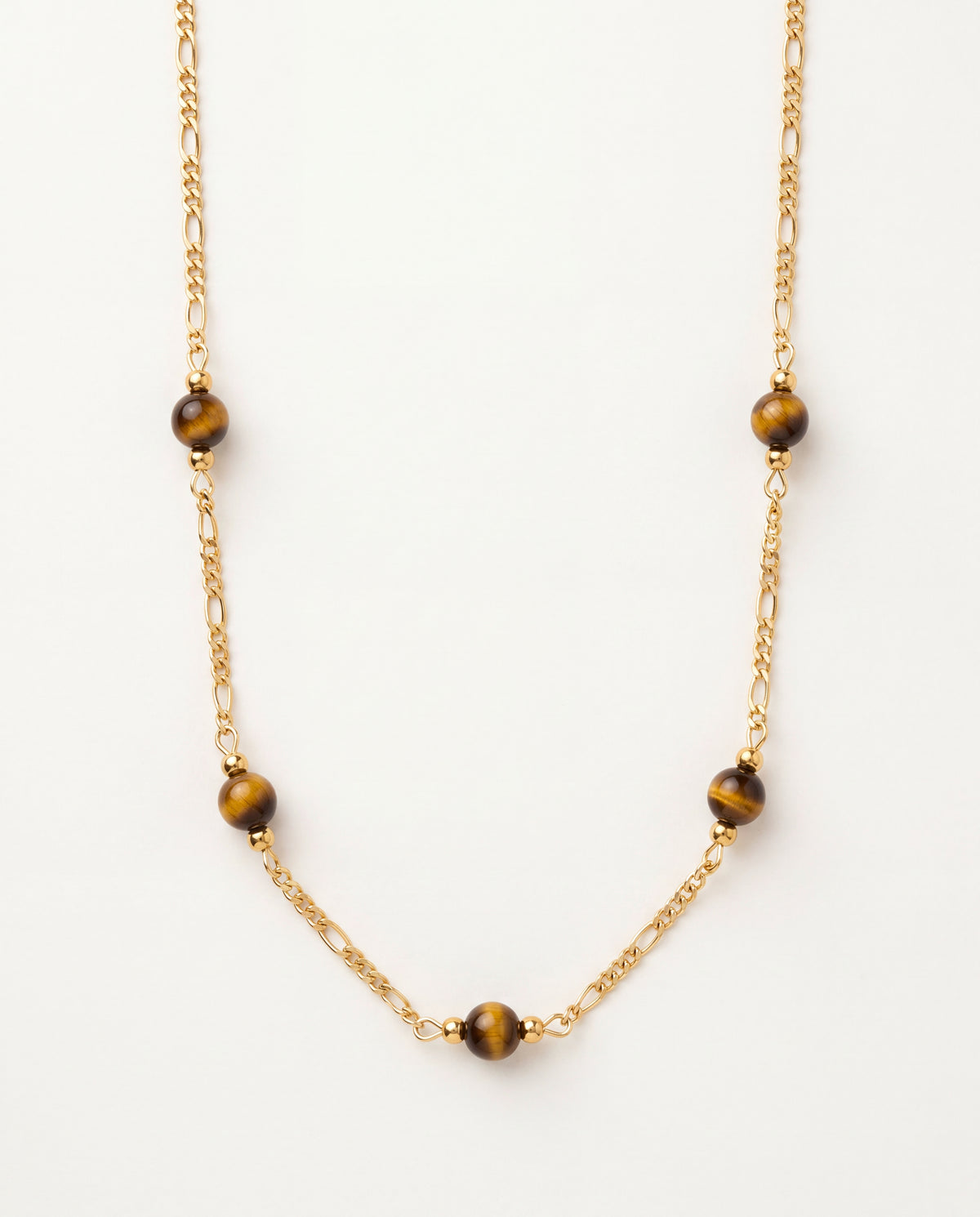 18KT Gold Filled Necklaces, Gold Filled Tiger Eye Figaro Necklace | 6mm Natural Stone Beads by HAUS OF MONOGRAM
