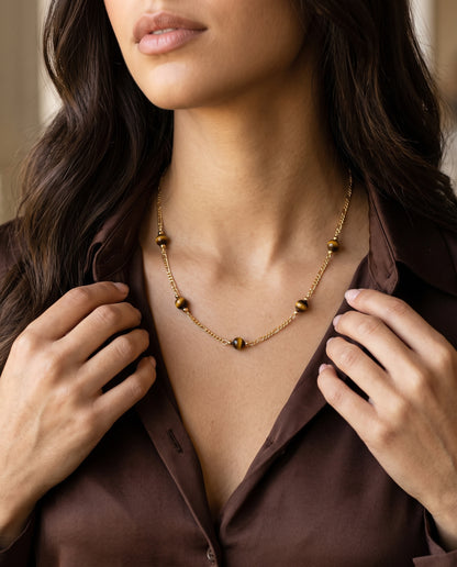 Gold Filled Tiger Eye Figaro Necklace worn by a model