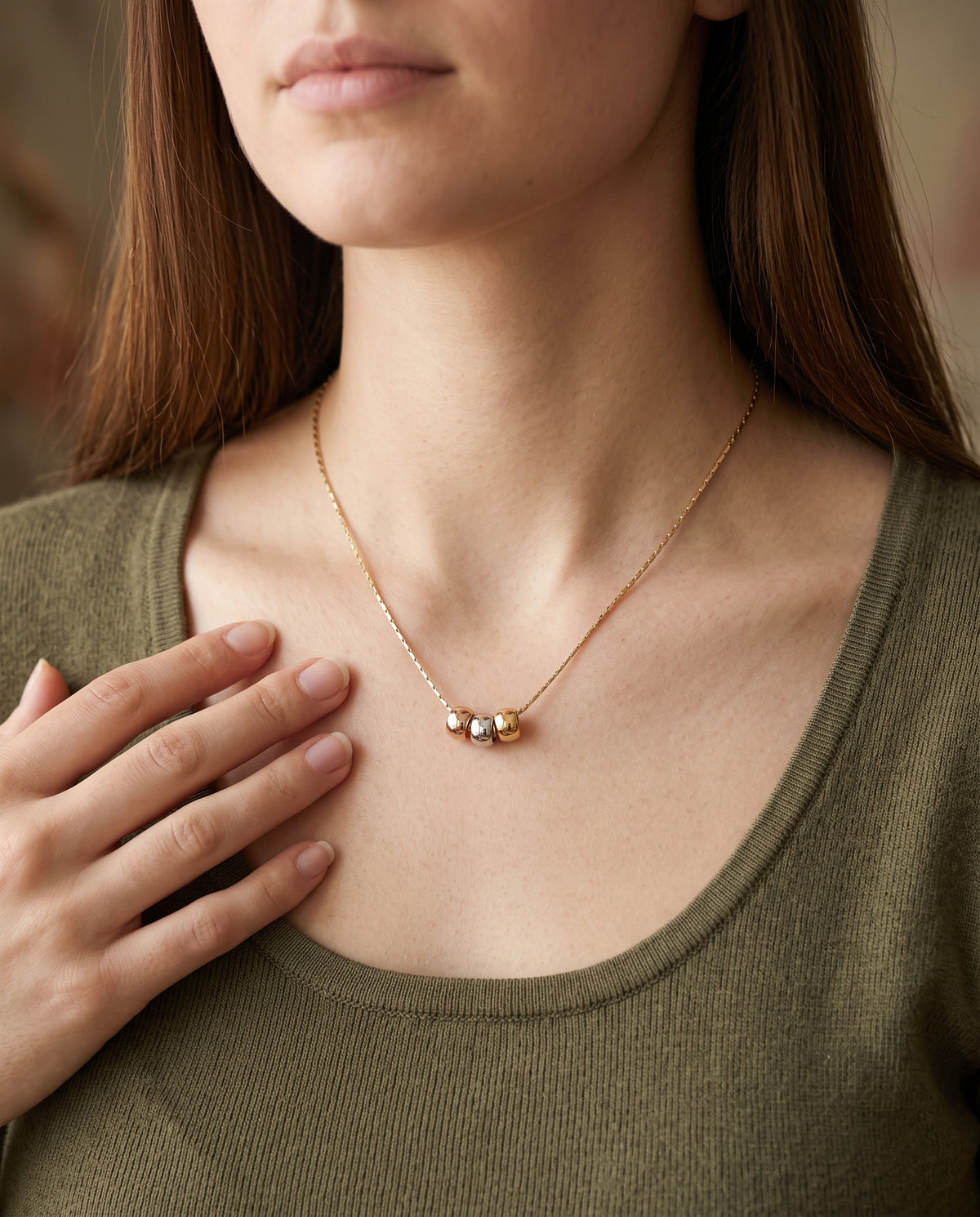Gold Filled Tricolor Charm Necklace worn by a model