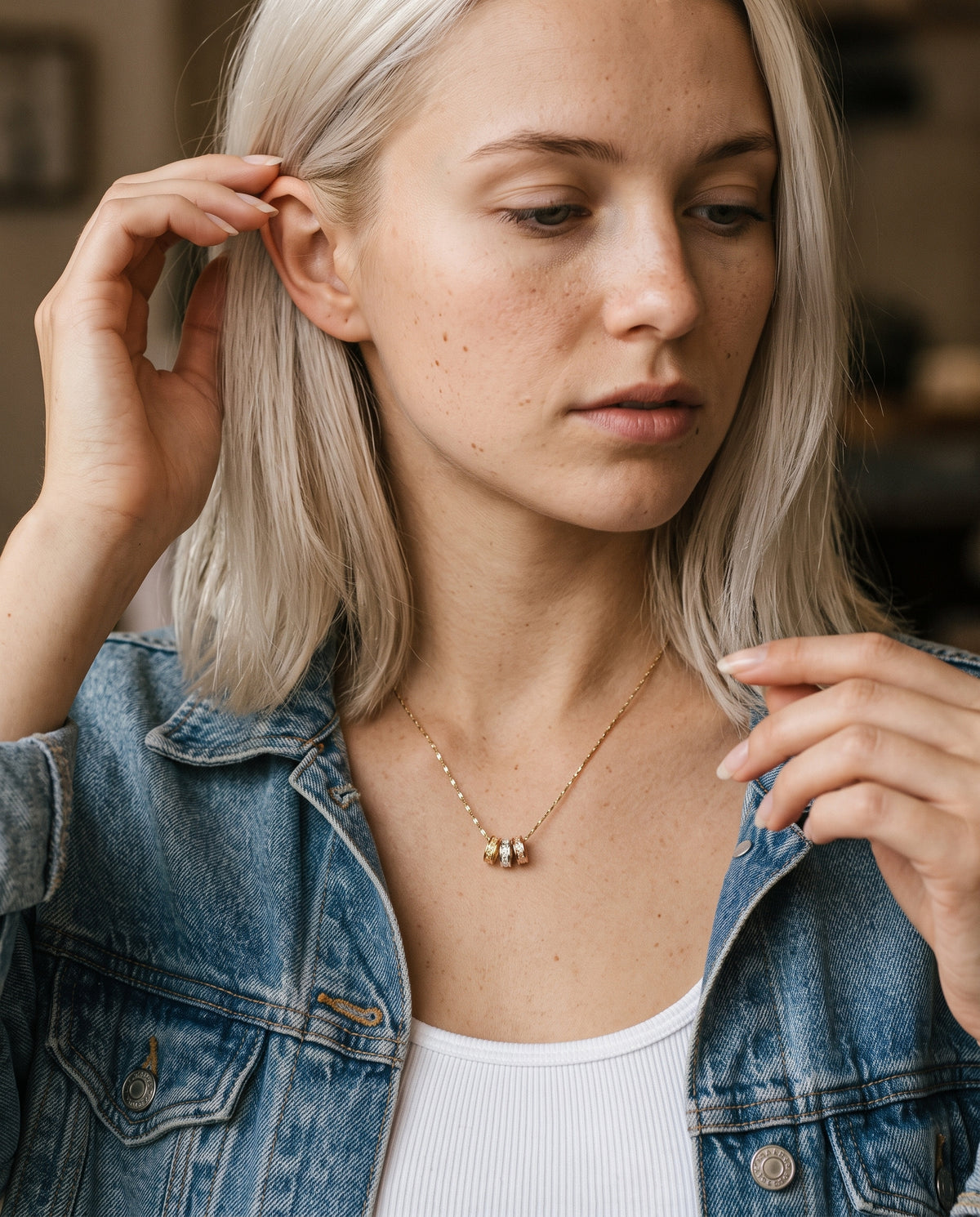 Gold Filled Tricolor Necklace worn by a model