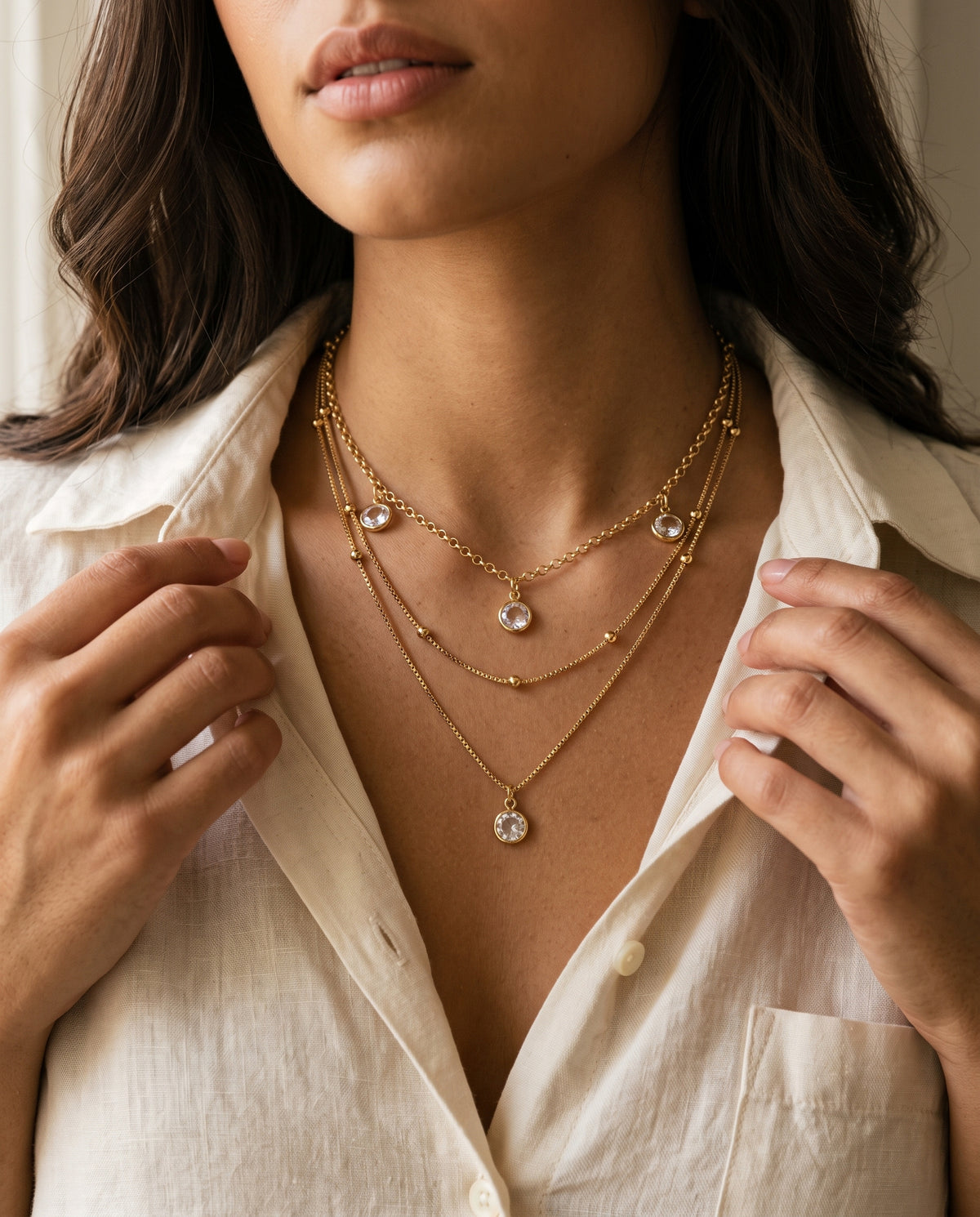Gold Filled Layered CZ Necklace worn by a model