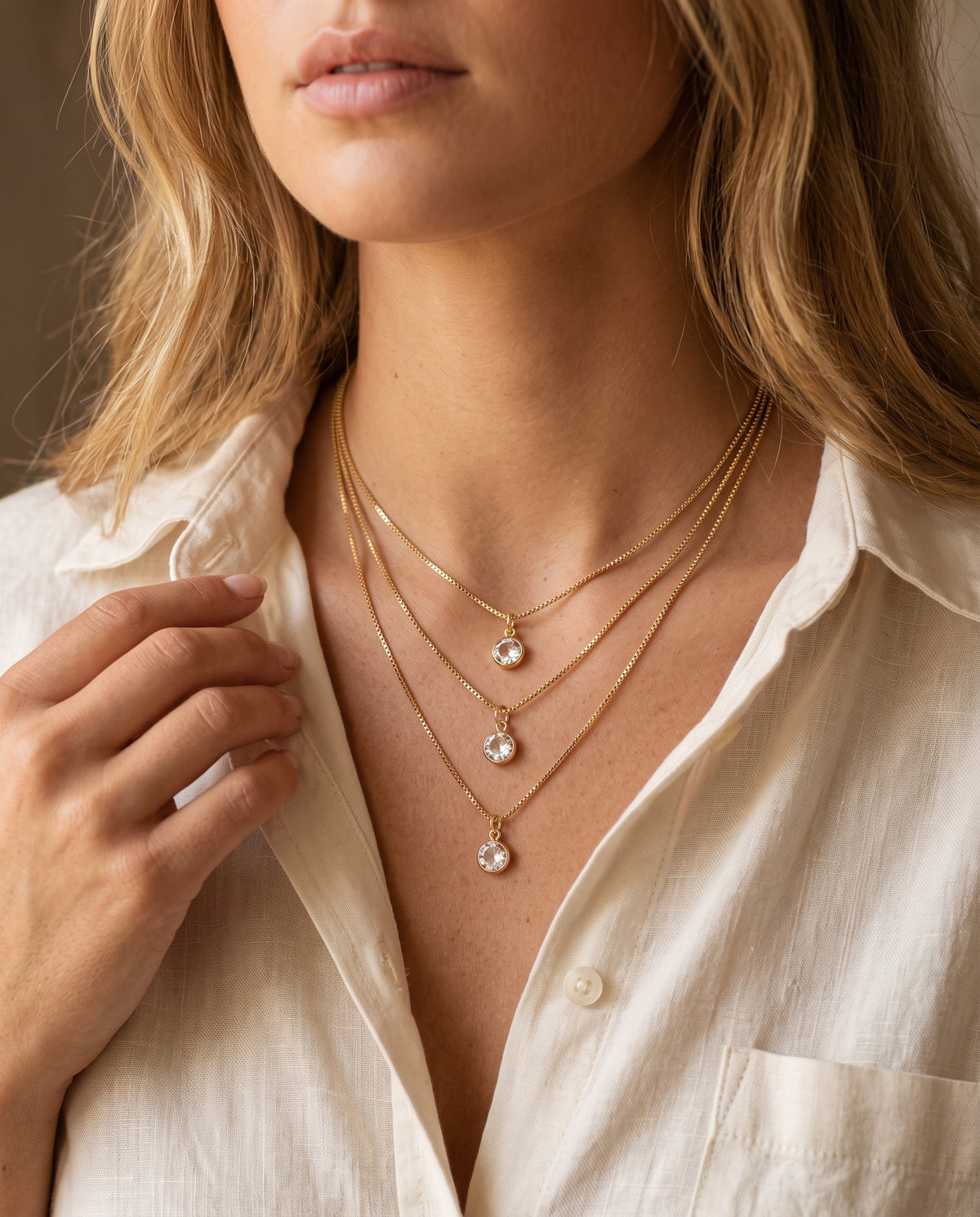 Gold Filled Layered CZ Necklace worn by a model