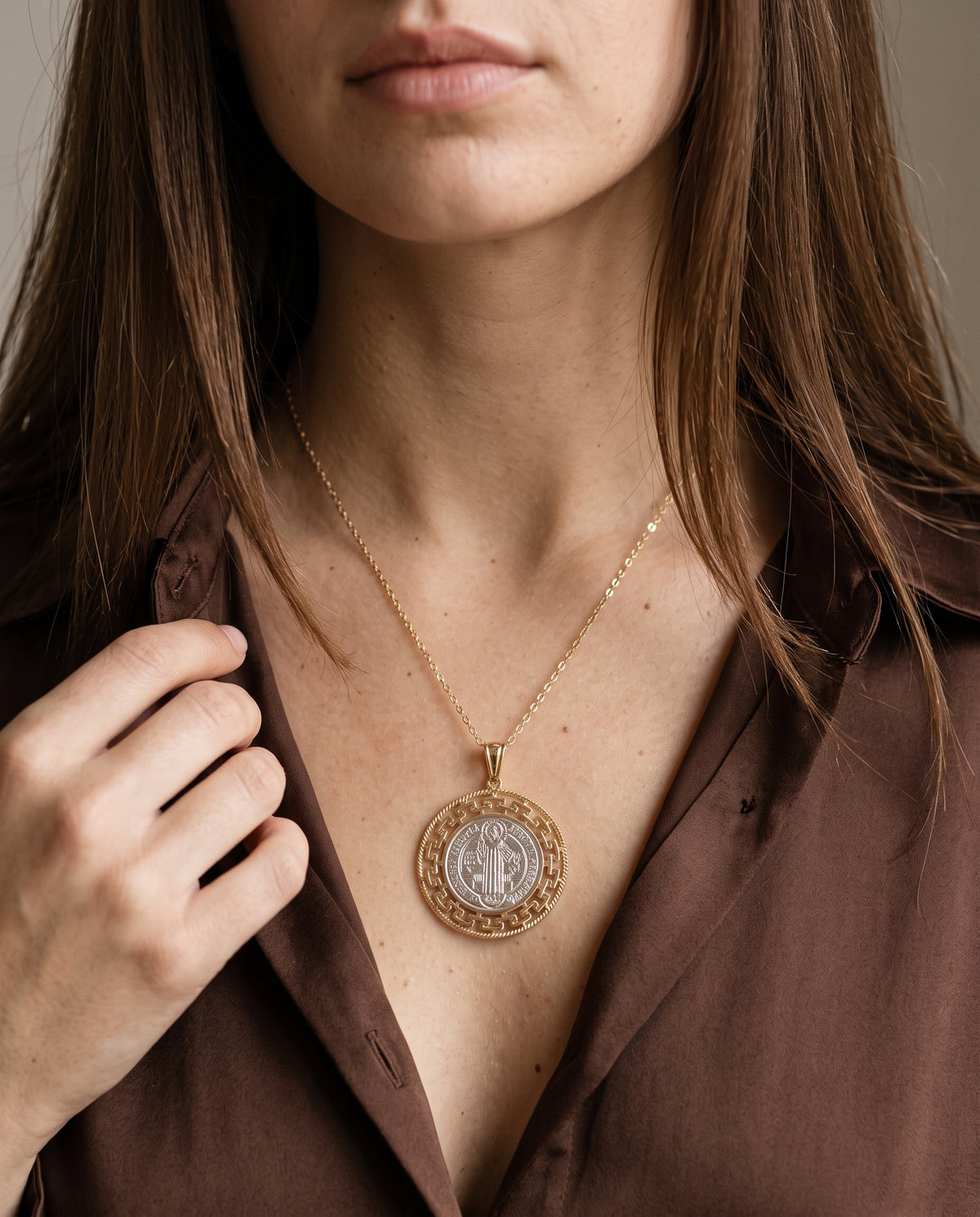 Gold Filled Two Tone Saint Benedict Necklace worn by a model
