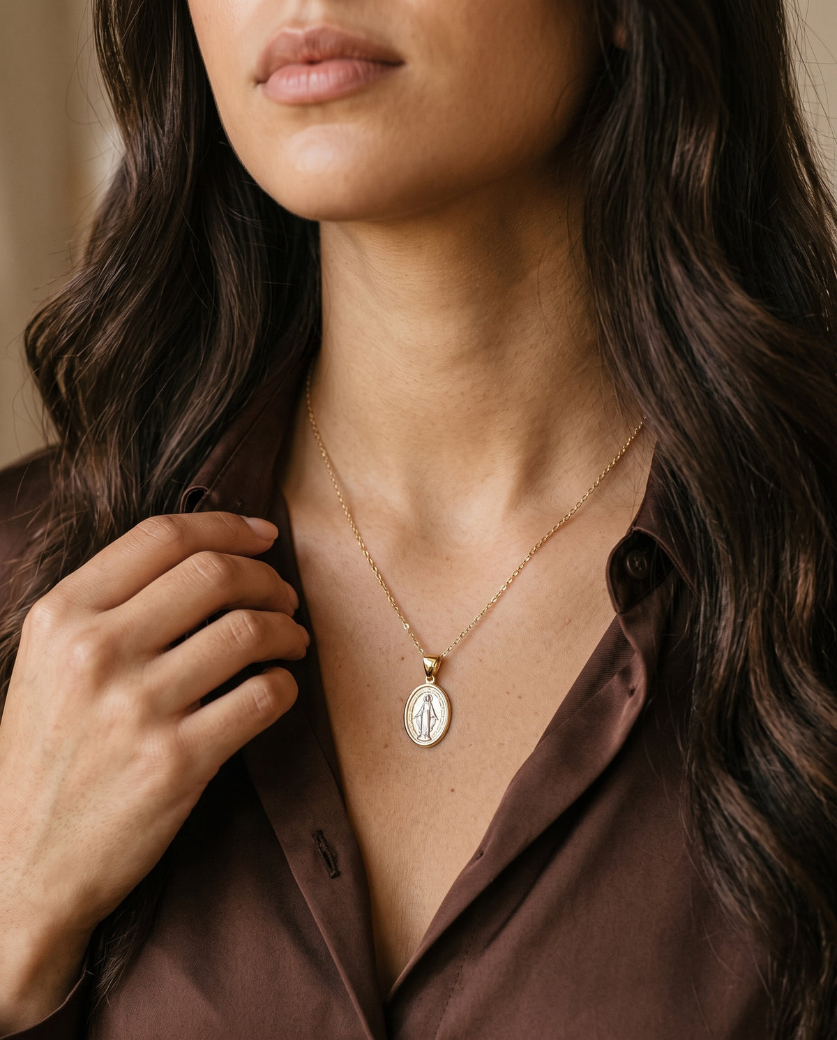 Gold Filled Virgin Mary Necklace worn by a model