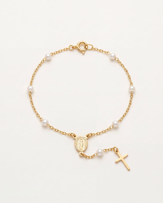 18KT Gold Filled Bracelets, Gold Filled Virgin Mary Pearl Rosary Bracelet | Dainty Catholic Jewelry by HAUS OF MONOGRAM