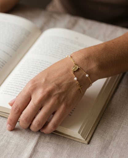 Gold Filled Virgin Mary Pearl Rosary Bracelet worn by a model