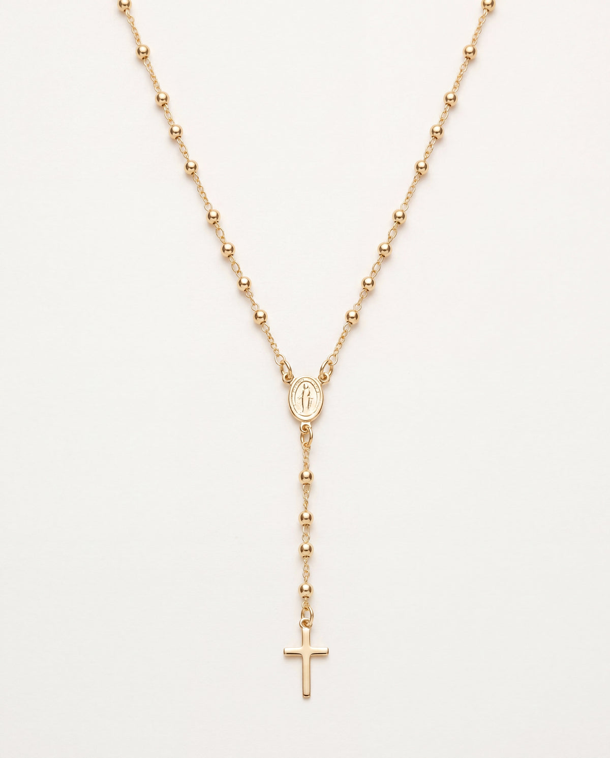 18KT Gold Filled Necklaces, Gold Filled Virgin Mary Rosary Necklace | 18" with 2mm Beads & Petite Cross by HAUS OF MONOGRAM