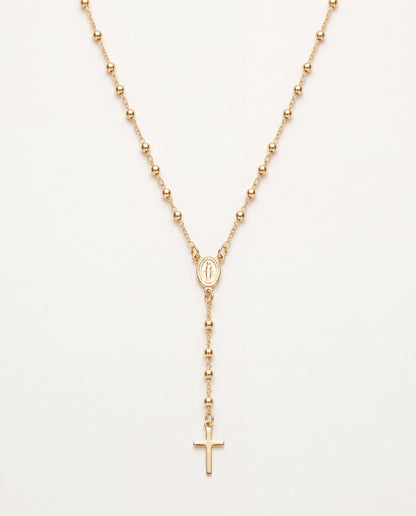 18KT Gold Filled Necklaces, Gold Filled Virgin Mary Rosary Necklace | 18" with 2mm Beads & Petite Cross by HAUS OF MONOGRAM
