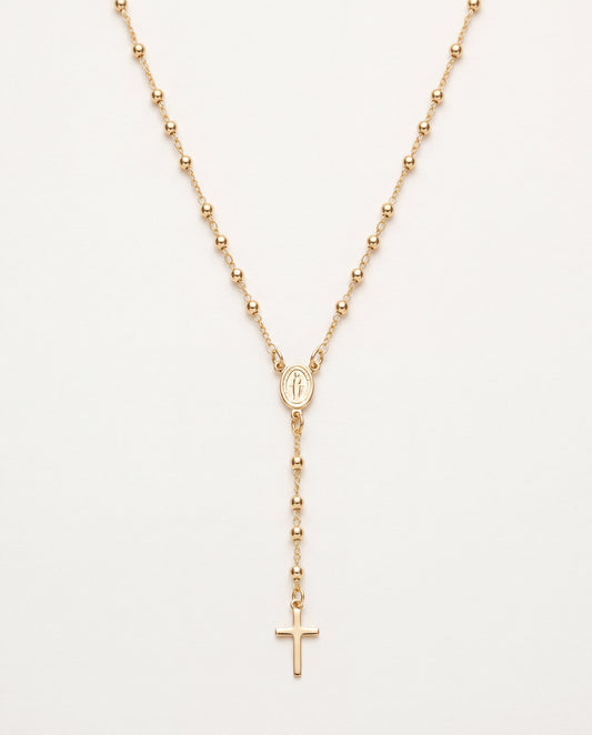 18KT Gold Filled Necklaces, Gold Filled Virgin Mary Rosary Necklace | 18" with 2mm Beads & Petite Cross by HAUS OF MONOGRAM
