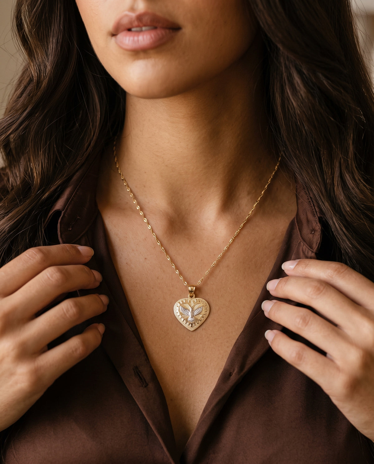 Gold Filled Holy Spirit Heart Necklace worn by a model