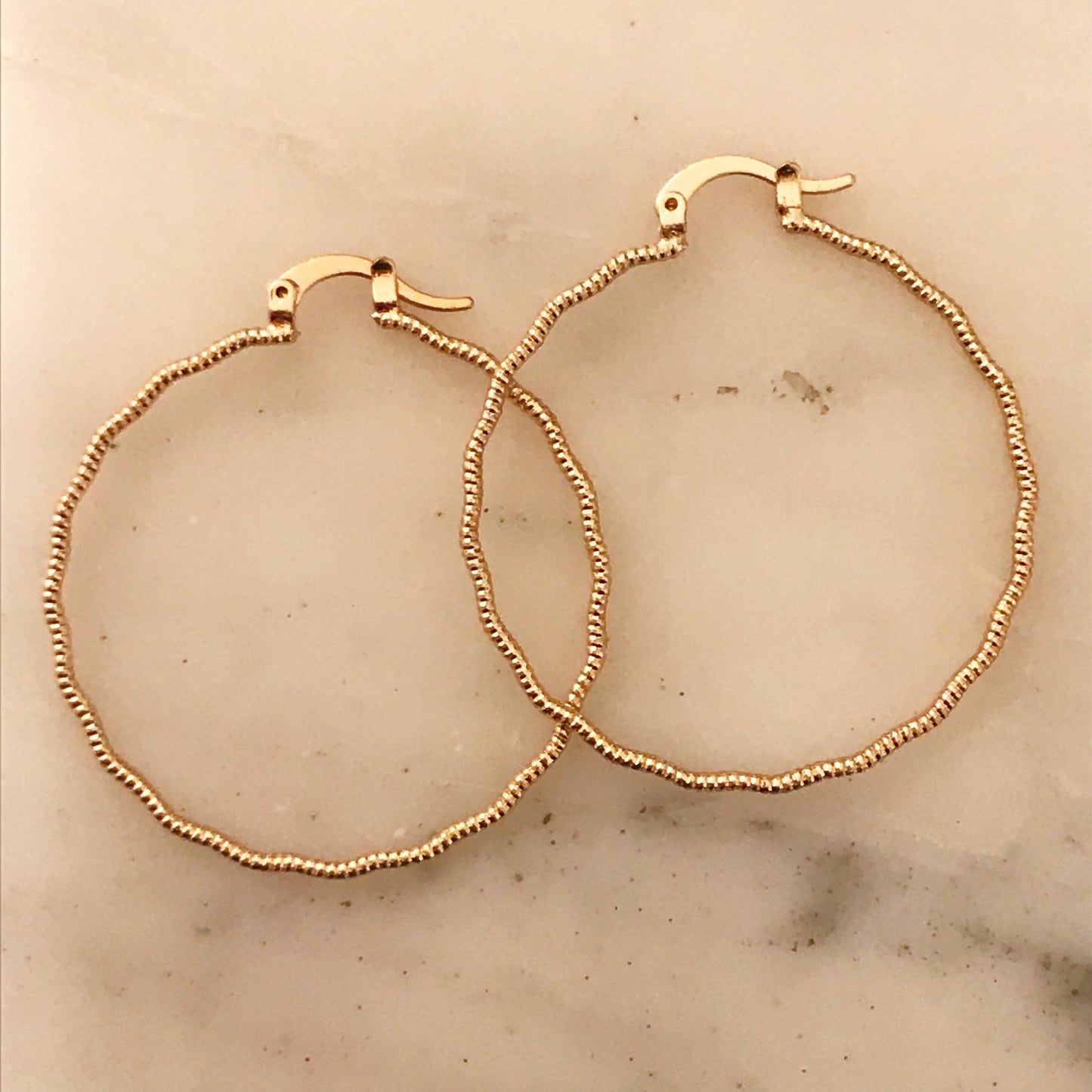 Gold Filled Ridged Hoop Earrings | 40mm Hoops | Textured Shine