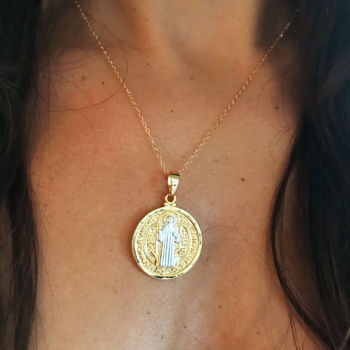 Gold Filled Saint Benedict Necklace | Two Tone Faith Medal