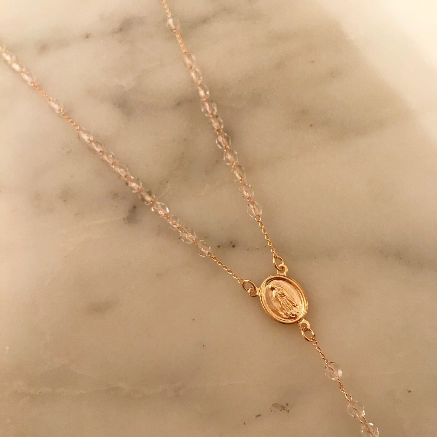 Gold Filled Clear Crystal Rosary Necklace | Delicate Spiritual Elegance