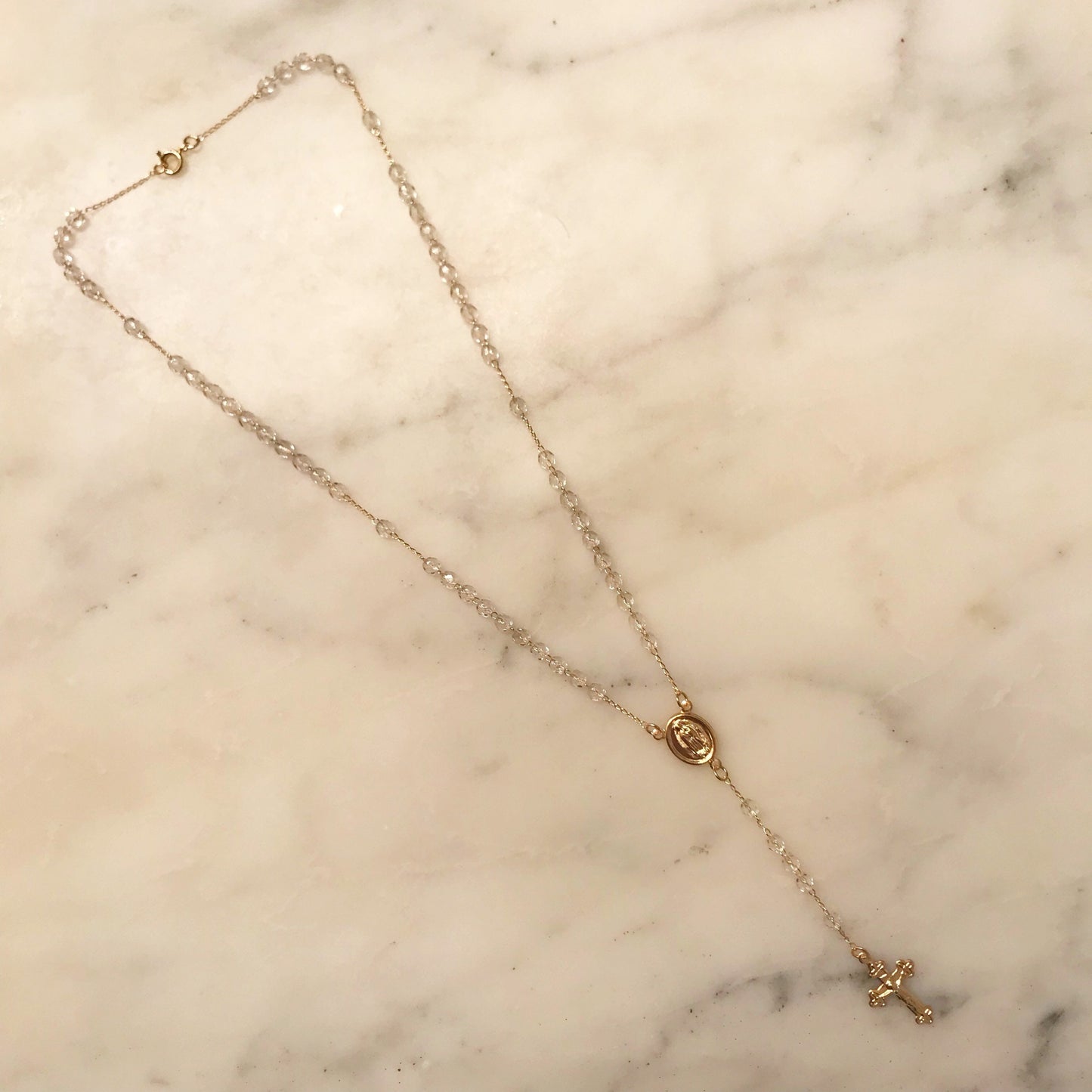 Gold Filled Clear Crystal Rosary Necklace | Delicate Spiritual Elegance