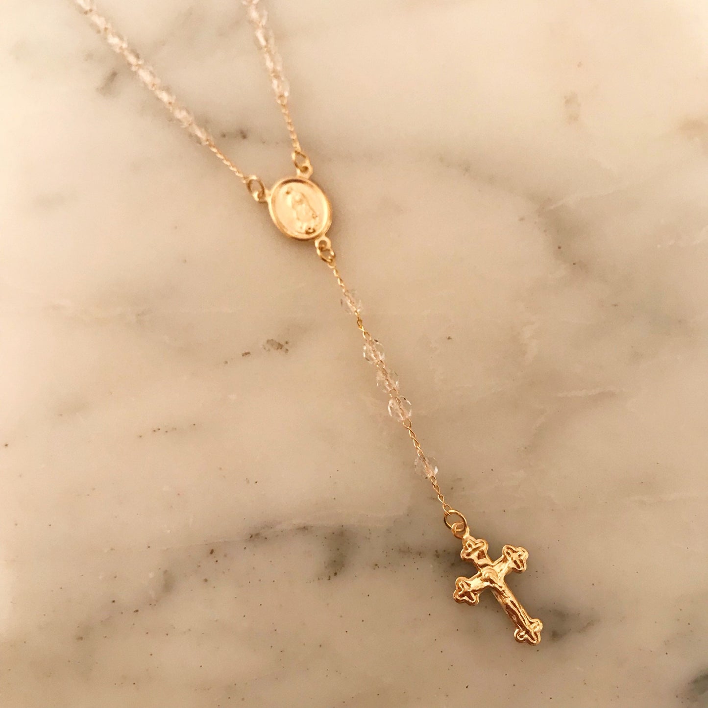 Gold Filled Clear Crystal Rosary Necklace | Delicate Spiritual Elegance