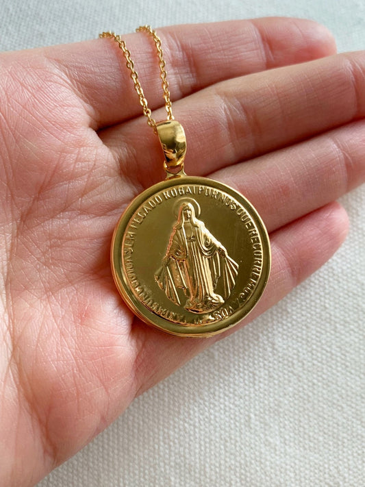 Gold Filled Miraculous Medal Necklace | 30x35mm Virgin Mary Pendant