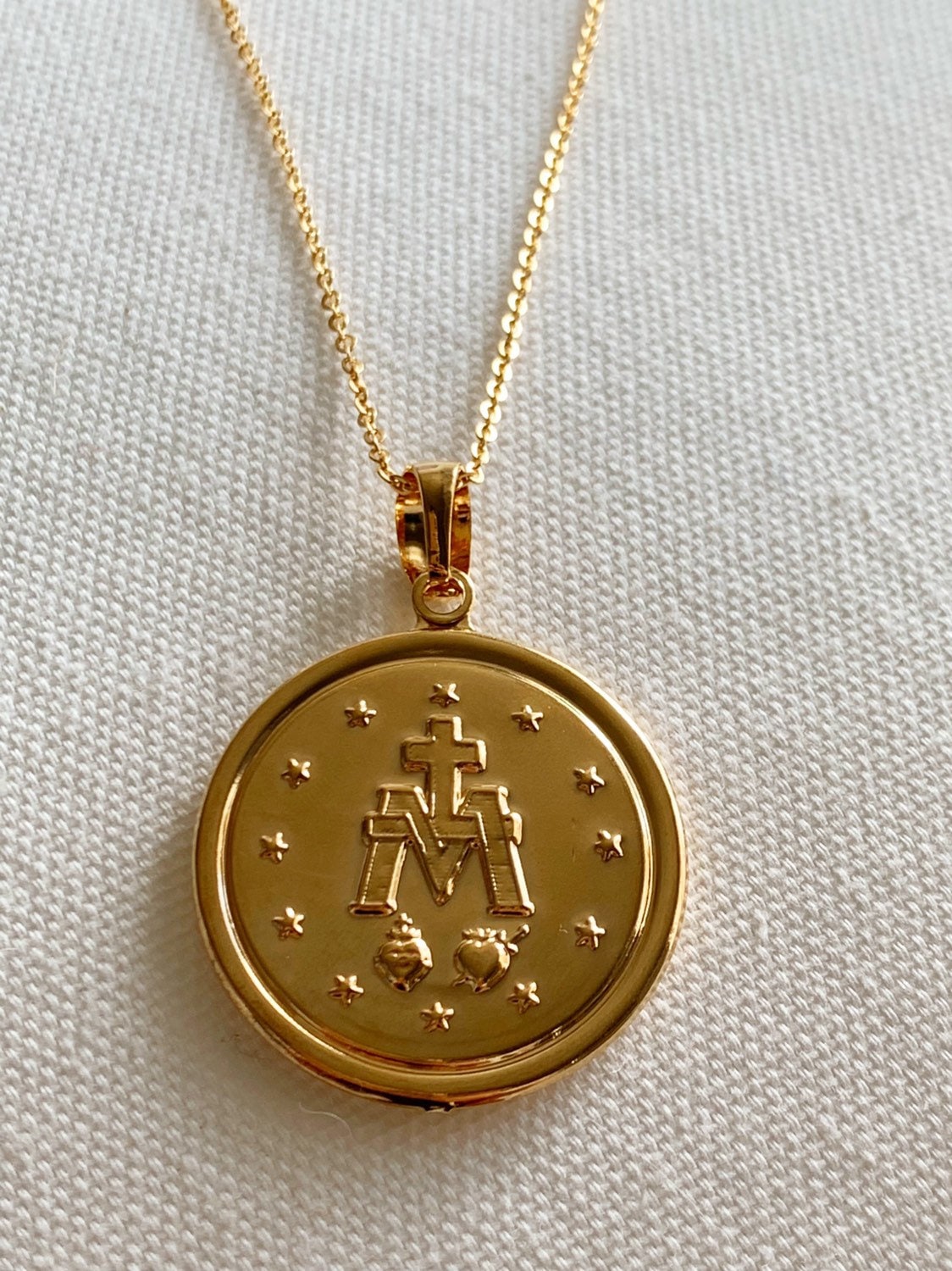 Gold Filled Miraculous Medal Necklace | 30x35mm Virgin Mary Pendant