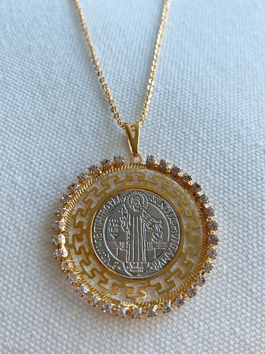 Gold Filled Saint Benedict Necklace | Two Tone CZ Pendant