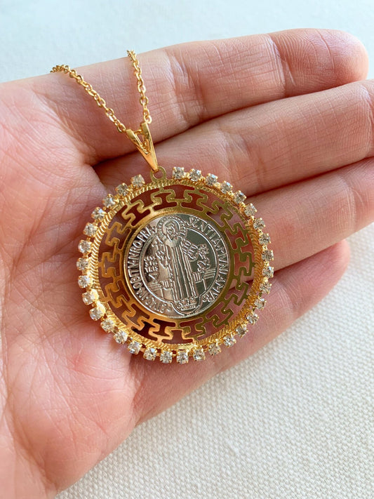 Gold Filled Saint Benedict Necklace | Two Tone CZ Pendant