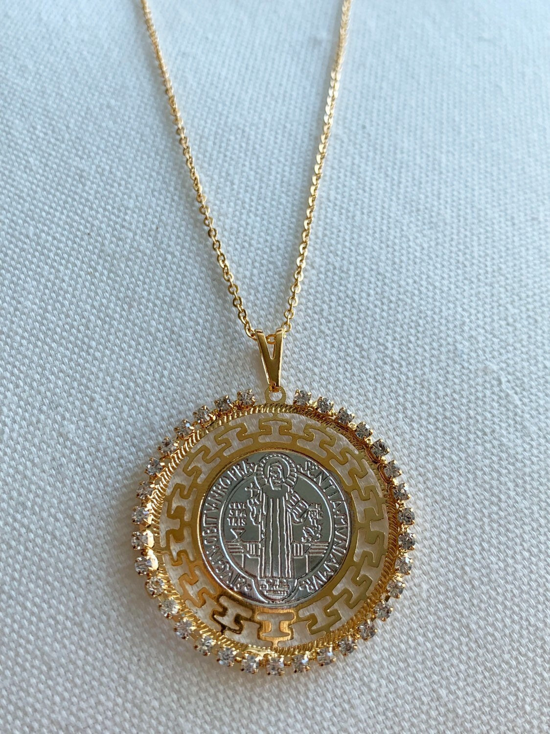 Gold Filled Saint Benedict Necklace | Two Tone CZ Pendant