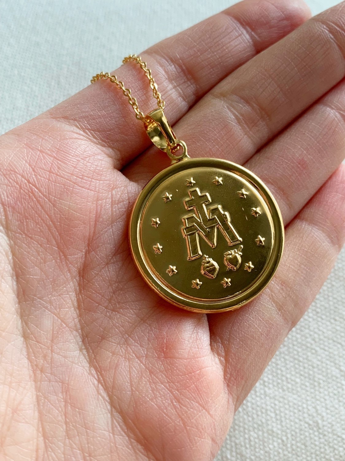 Gold Filled Miraculous Medal Necklace | 30x35mm Virgin Mary Pendant