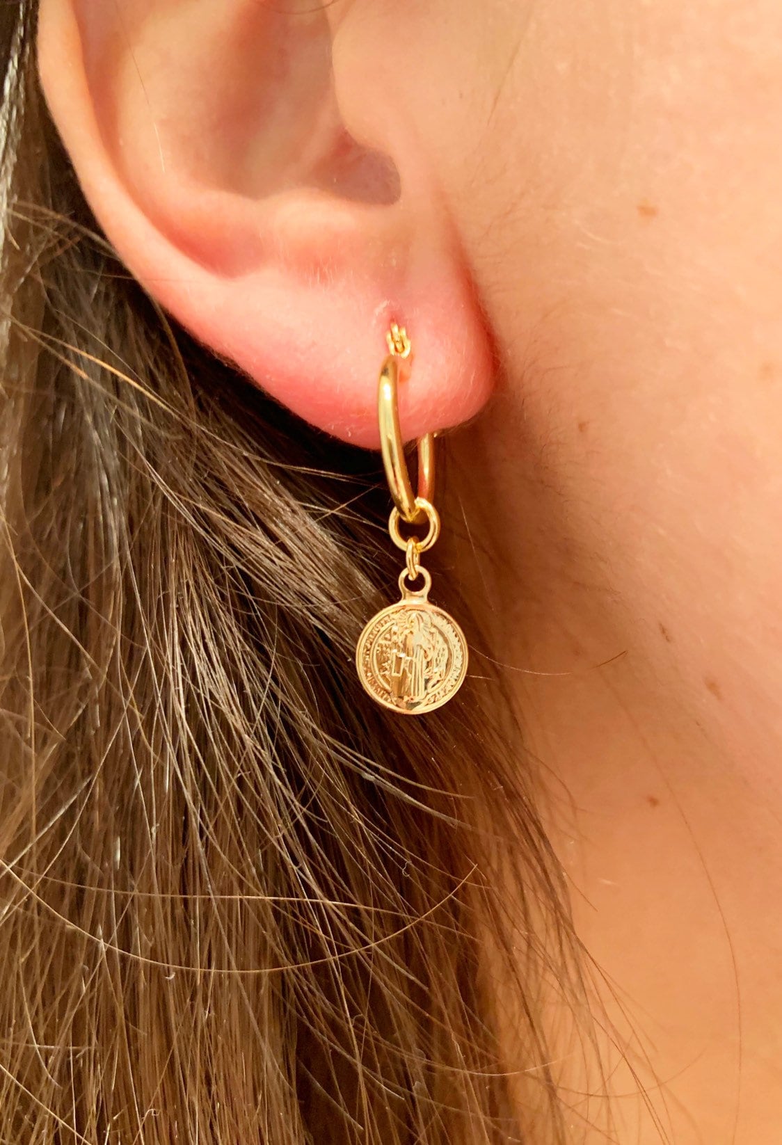 Gold Filled Dangling Saint Benedict Charm Hoops