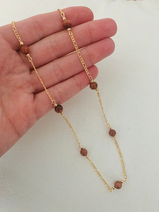 Gold Filled Sandstone Figaro Necklace | Earthy Elegance with a Golden Touch