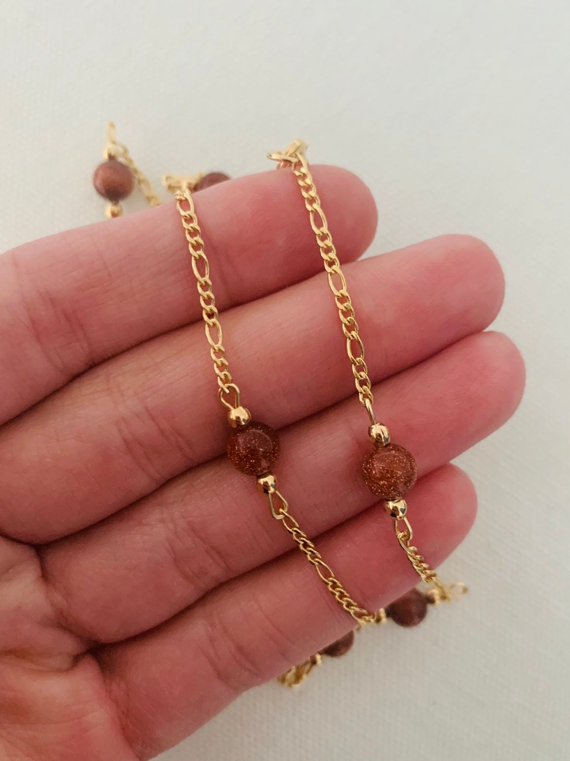 Gold Filled Sandstone Figaro Necklace | Earthy Elegance with a Golden Touch