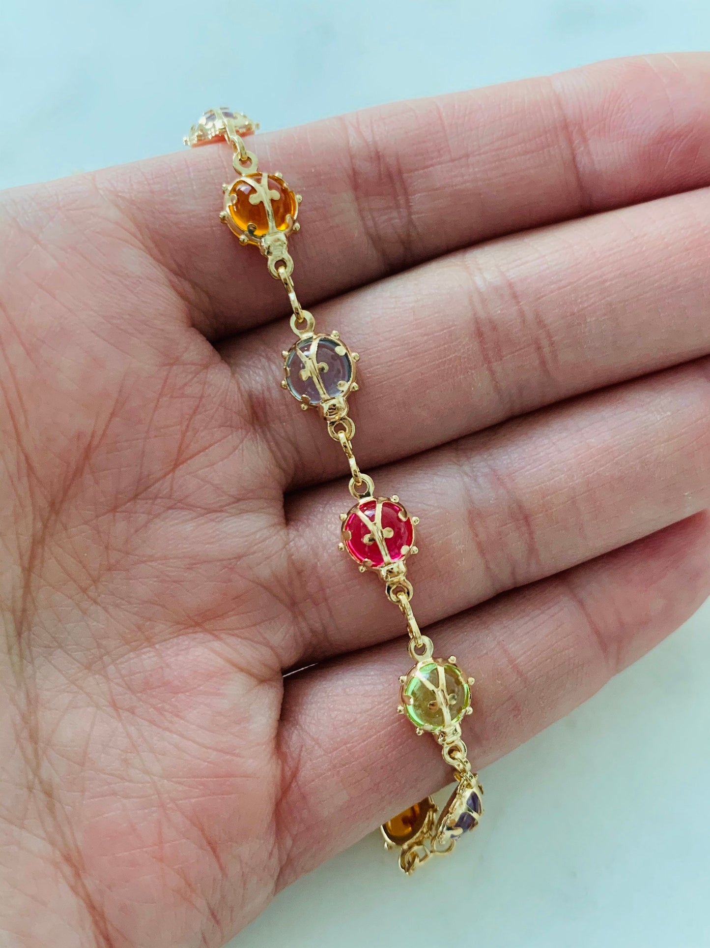 Gold Filled Ladybug Bracelet | 5mm Gemstone Detail | 7.5"