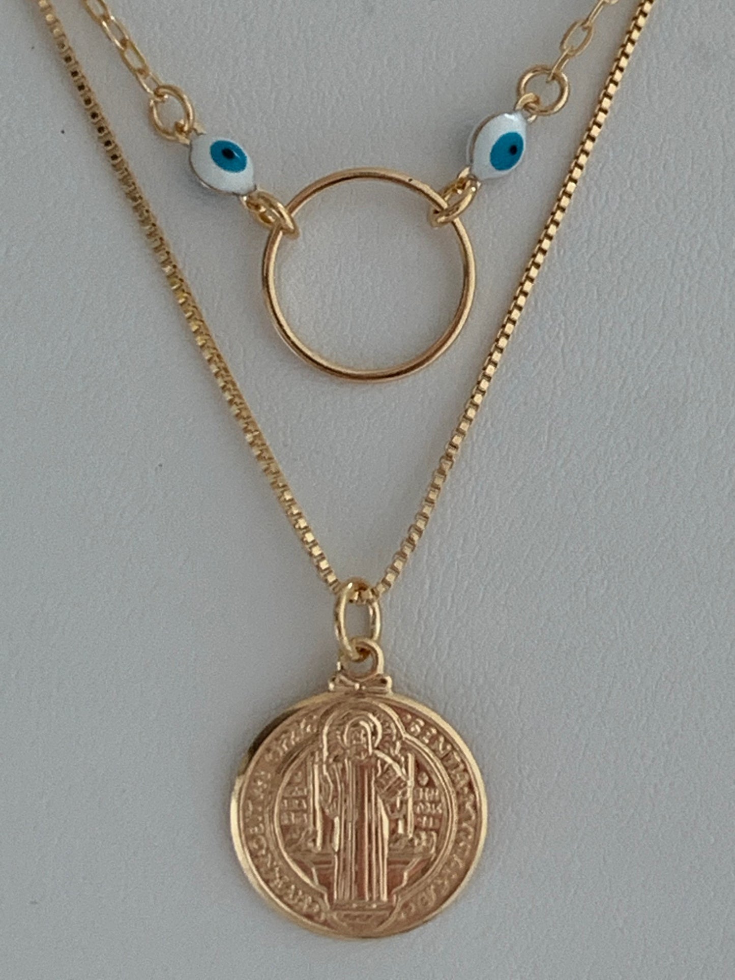 Gold Filled Layered Necklace | Saint Benedict Charm | 15" + 2"